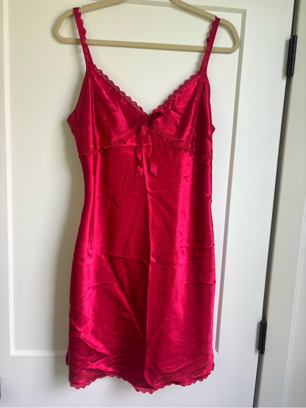 Red Satin Slip Dress Lace-Trim Chemise with Bow Detail